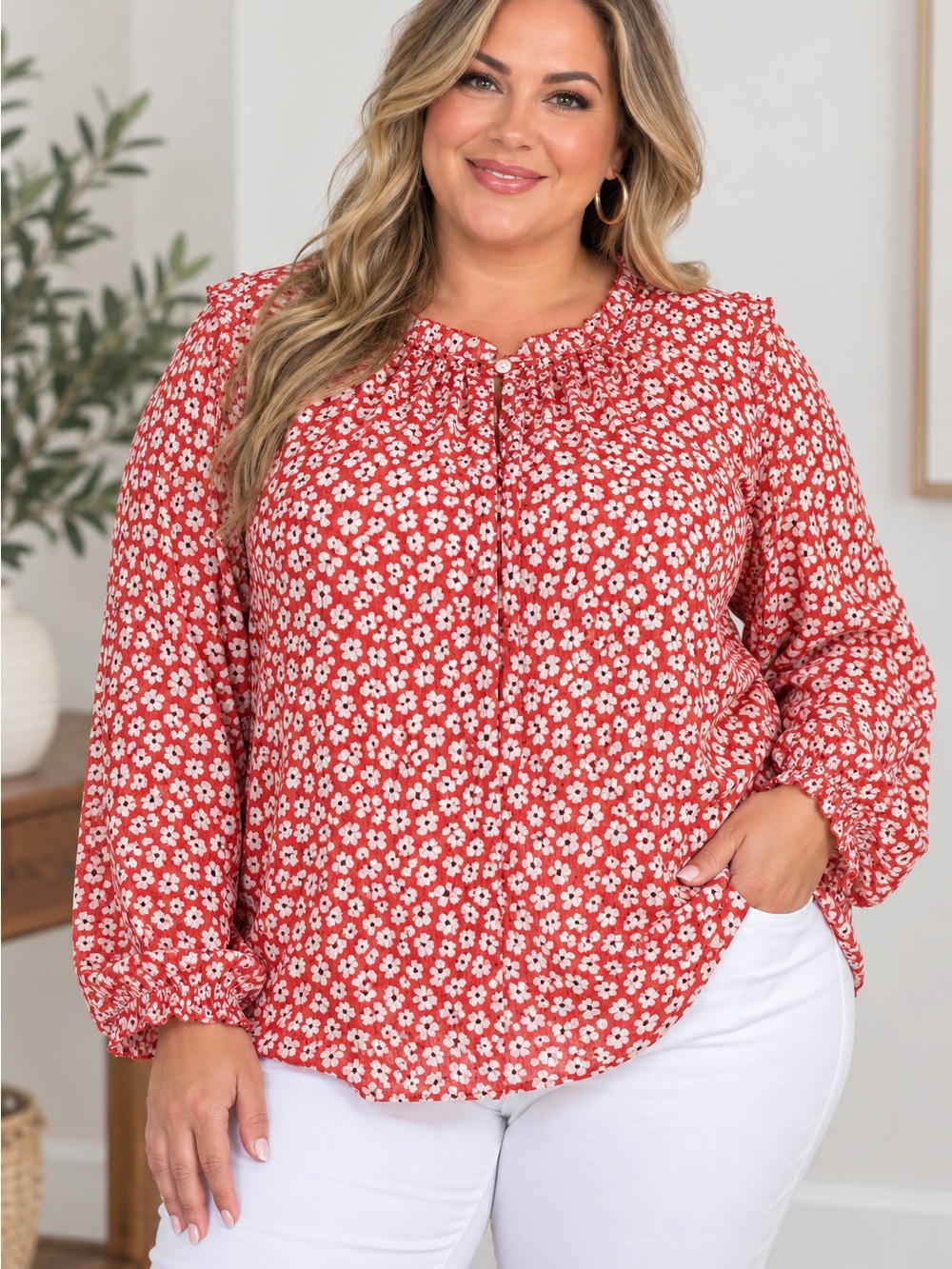 Orange Floral Peasant Blouse - Plus Size